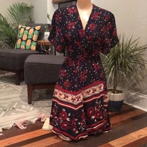 Navy red floral wrap up dress